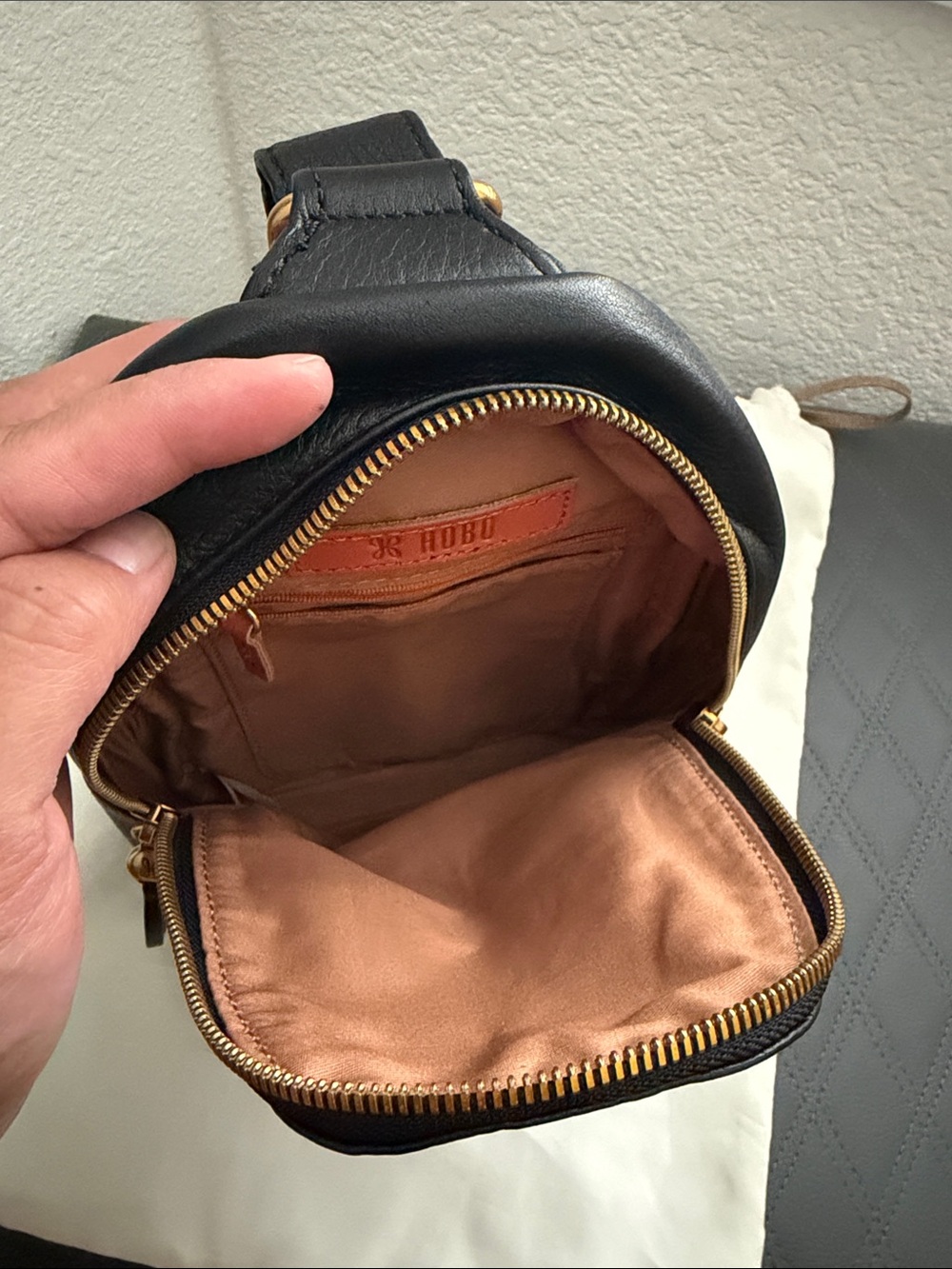 HOBO Fern Black Pebbled Leather Mini Sling Bag with Gold Hardware - Picture 6 of 10